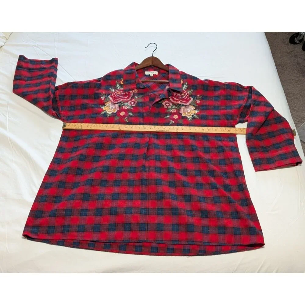 Umgee Womens 2XL Red Black Plaid Button-Down Shirt Floral Embroidery Long Sleeve - Picture 7 of 12